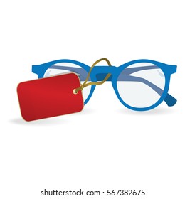 Sun glasses with a red label. Vector illustration