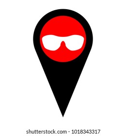 Sun glasses sign illustration. Vector. Flat white icon in red circle at black marker on white background. Isolated.