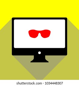 Sun glasses sign illustration. Vector. Red icon on white monitor of black all-in-one desktop computer with two shadows at yellow background.