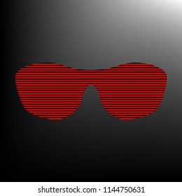 Sun glasses sign illustration. Vector. Striped red and black icon at gradient blackish background. Zebra.