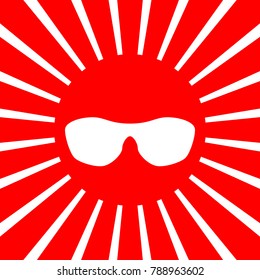 Sun glasses sign illustration. Vector. White icon on red sun with rays as background. Isolated.