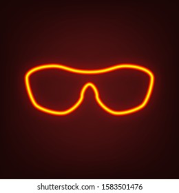 Sun glasses sign illustration. Yellow, orange, red neon icon at dark reddish background. Illumination. Illustration.