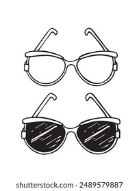 Sun glasses and glasses sketch for eyes. Lens, oculars set. Concept of changing of lens color depending on type of lighting, transparent lenses and dark ones. Vector hand drawn illustration