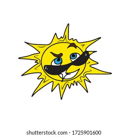 The sun in glasses smiles broadly.Sticker, vector children's design for banners, postcards and social networks.