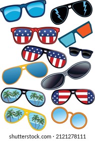 Sun glasses with tropical beach reflection and American flag