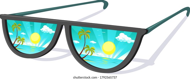 Sun Glasses with Tropical Beach Reflexion - Vacation Vector Illustration