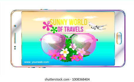 Sun glasses.Travel, a trip to the dream.Logo for travel on a sticker, poster, card, business card for a travel company.Vector icon. Logotype.