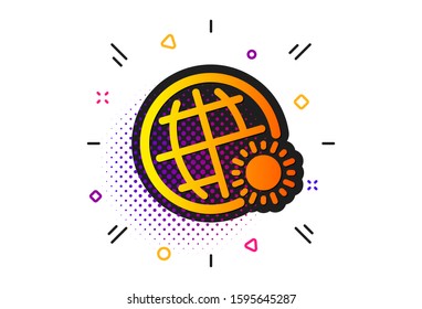 Sun with globe sign. Halftone circles pattern. World weather icon. Hot season symbol. Classic flat world weather icon. Vector