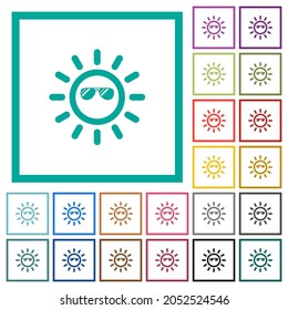 Sun with glossy sunglasses flat color icons with quadrant frames on white background