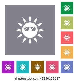 Sun with glossy sunglasses flat icons on simple color square backgrounds