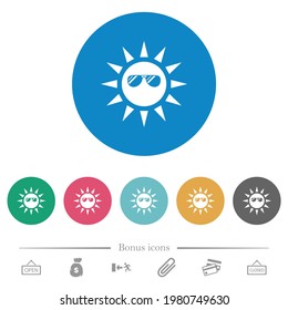 Sun with glossy sunglasses flat white icons on round color backgrounds. 6 bonus icons included.