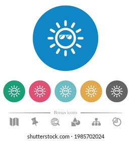 Sun with glossy sunglasses flat white icons on round color backgrounds. 6 bonus icons included.
