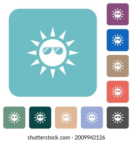 Sun with glossy sunglasses white flat icons on color rounded square backgrounds