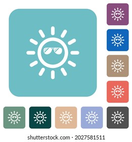 Sun with glossy sunglasses white flat icons on color rounded square backgrounds