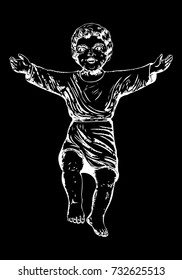 Sun of God. Baby Jesus Christ. Raise or Birth of Jesus. Hand drawn illustration. Blackwork adult flesh tattoo concept. Christmas holiday template. Vector.