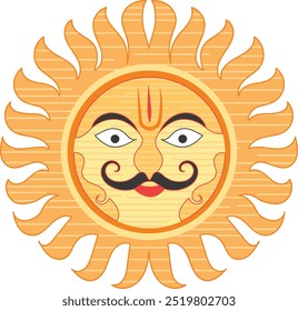 The sun god, sun deity Hiranyagarbha, hiranya symbol, pattern and texture icon in hinduism with face and moustache, cartoon style, charm, talisman, amulet for spirituality idol