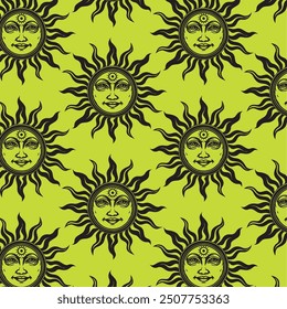 sun god goddess sunflower tattoo style vector in yellow green peach vector background wallpaper for print in textile and fashion high quality