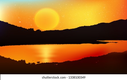 The sun is going down to the horizon behind mountains and rivers. Used for making background images. vector
