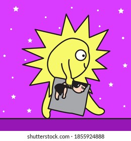 A Sun Is Going To Work In The Morning While Carrying A Bag With Fatigued Girl On It Concept Card Character illustration