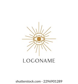 Sun gold Mystical logo. Vector Illustration. Minimalist Line art Style. Boho, Esoteric. Bohemian Logo Designs.