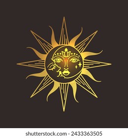 Sun gold vector illustration, hand drawn celestial boho line art logo, icons and symbol mystic moon tattoo elements for decoration.