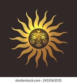Sun gold vector illustration, hand drawn celestial boho line art logo, icons and symbol mystic moon tattoo elements for decoration.