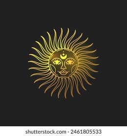 Sun gold vector illustration, hand drawn celestial boho line art logo, icons and symbol mystic moon tattoo elements for decoration.
