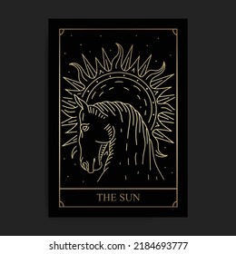 The sun golden major arcana tarot card in engraving, hand drawn, luxury, esoteric, boho style, fit for spiritualist, religious, paranormal, tarot reader, astrologer or tattoo