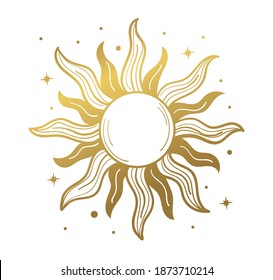 Sonne, goldenes mystisches Logo, Retro-Design. Vektorgrafiken für Tätowierung, Boho-Design, Astrologie, Horoskop. Doodle-Illustration einzeln auf weißem Hintergrund