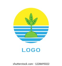  Sun golden rises from the blue ocean. In the middle of the ocean is a green island with a green tree. The inscription "logo" in blue.