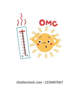 Sun grabing his head freaking out looking to thermometer showing extreme high temperature. Cute vector hand drawn illustration for kids. Climate warming and sun safety concept.