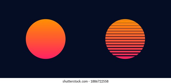 Sun gradient 80s in retro style. Vintage vector icon on dark background. Web illustration