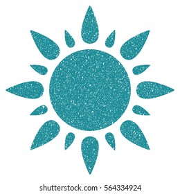 Sun grainy textured icon for overlay watermark stamps. Flat symbol with scratched texture. Dotted vector soft blue ink rubber seal stamp with grunge design on a white background.