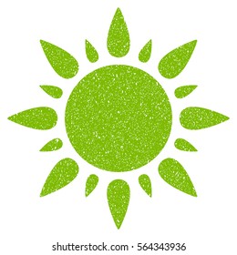 Sun grainy textured icon for overlay watermark stamps. Flat symbol with unclean texture. Dotted vector light green ink rubber seal stamp with grunge design on a white background.