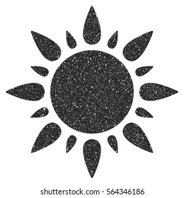 Sun grainy textured icon for overlay watermark stamps. Flat symbol with dirty texture. Dotted vector gray ink rubber seal stamp with grunge design on a white background.
