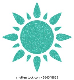 Sun grainy textured icon for overlay watermark stamps. Flat symbol with dust texture. Dotted vector cyan ink rubber seal stamp with grunge design on a white background.