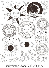 Sun graphics symbols astrology tarot cute cartoon coloring tattoo set separately on a white background stars space boho horoscope