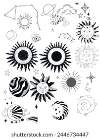 Sun graphics symbols astrology tarot cute cartoon coloring tattoo set separately on a white background stars space boho horoscope
