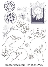 Los símbolos gráficos del sol manos estrellas ramitas flores astrología tarot lindo dibujo animado tatuaje establecido por separado en un fondo blanco estrellas espacio boho horóscopo
