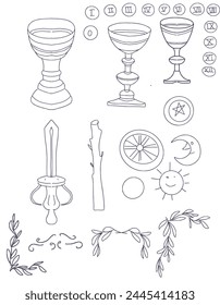 The sun graphics symbols hands stars twigs flowers astrology tarot cute cartoon coloring tattoo set separately on a white background stars space boho horoscope
