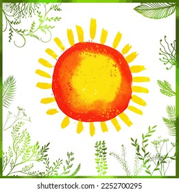Sun and grass watercolor. Hello summer and spring. Vector illustration