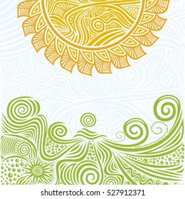 Sun and green branch. Vector illustration.