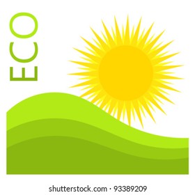 Sun and green hills. Eco label vector illustration