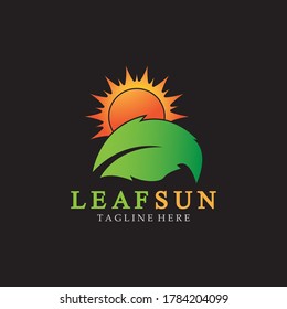 Sun & Green Leaf Logo Icons vector design template. Eco Sun Energy Logo isolated on black background