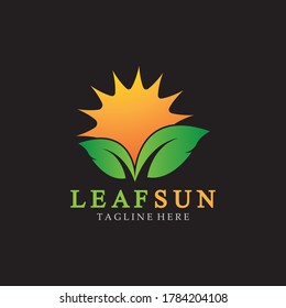 Plantilla de diseño vectorial de iconos con logotipo de hoja solar y verde. Logotipo Eco Sun Energy aislado en fondo negro