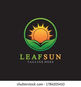 Plantilla de diseño vectorial de iconos con logotipo de hoja solar y verde. Logotipo Eco Sun Energy aislado en fondo negro