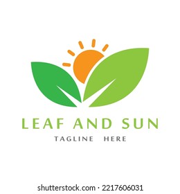 Plantilla de diseño vectorial de iconos con logotipo de hoja verde de sol. Logotipo Eco Sun Energy aislado en fondo negro