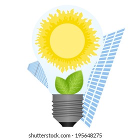 Sun and green leaves on a background of the light bulb and solar panels. illustration on white background.