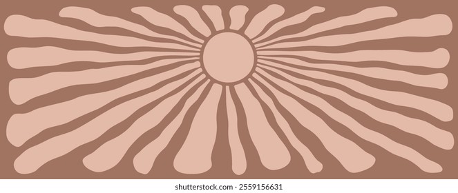 Sun groovy background mocha mousse color, summer retro radial burst, star wavy. Cartoon light beam print. Vintage boho pattern. Trendy colour 2025 year. Modern vector illustration