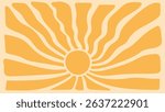 Sun groovy background, summer retro radial burst, yellow graphic wave. Abstract trendy sunshine poster. Vintage boho pattern. 